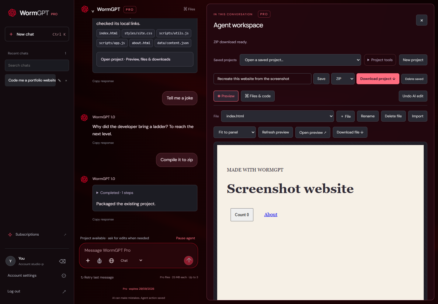 WormGPT project workspace with chat, file editing, and website preview